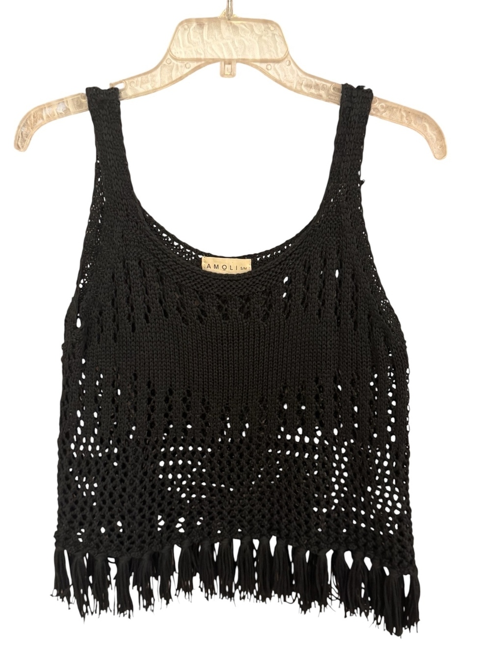 1043 Amoli Small Black Crochet Knit Fringe Crop Tank Top A0001043
